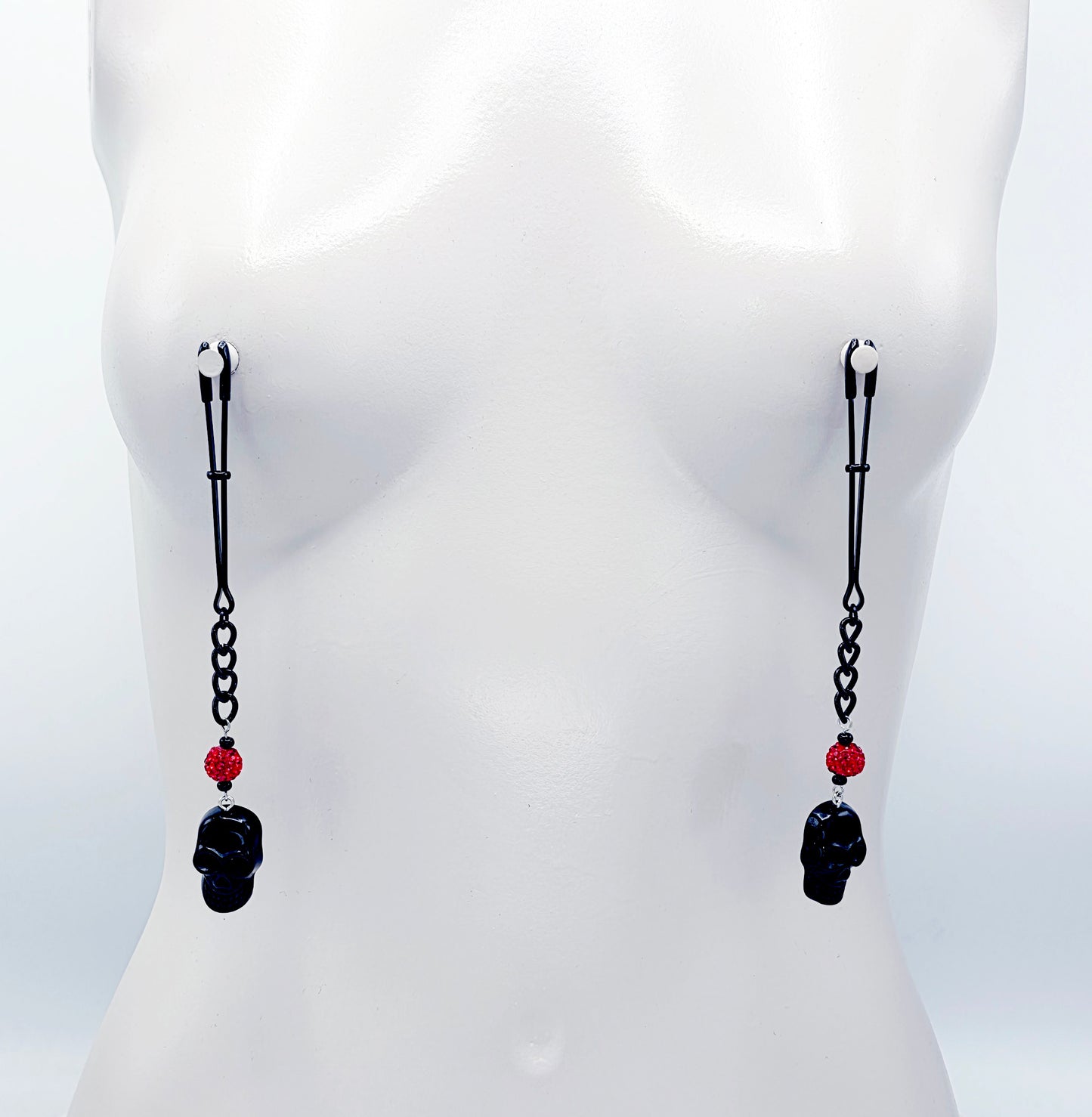 Black Tweezer Clamps with Skulls. Gothic Nipple Clamps.