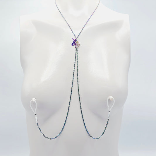 Unicorn Necklace to Nipple, Rainbow with Stainless Steel Chains and Nipple Nooses, BDSM Nipple Clamps, or wear with Piercings.