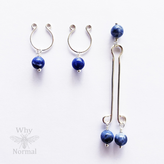 Non Piercing Nipple Rings and Labia Clip Set. Non Piercing. With Blue Stone Beads. Not Pierced Intimate Body Jewelry for Women, BDSM, MATURE