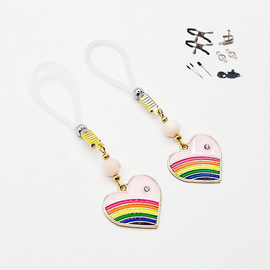 Nipple Noose Dangles or Nipple Clamps with Rose Quartz and Rainbow Hearts.