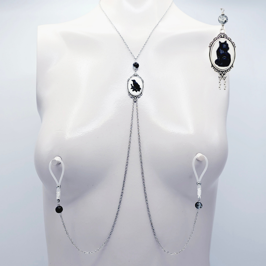 Raven or Black Cat Cameo Necklace to Nipple with Your Choice of Nipple Attachment. Gothic BDSM