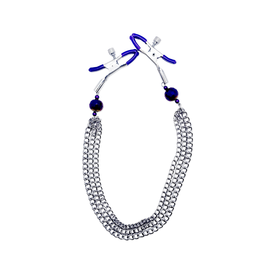 Adjustable Clamps, Purple, with Multiple Chains Attached.