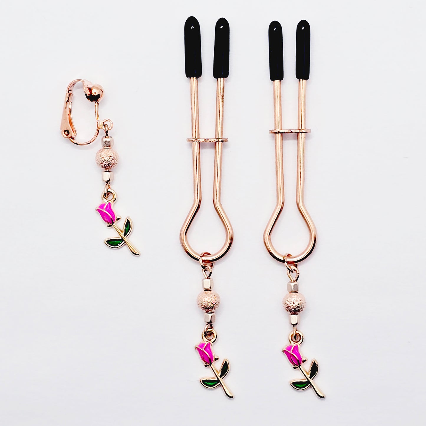 Rose Gold Nipple Clamps and VCH Clip with Roses. BDSM Sex Toys, Nipple and Clitoral Clamp Set.