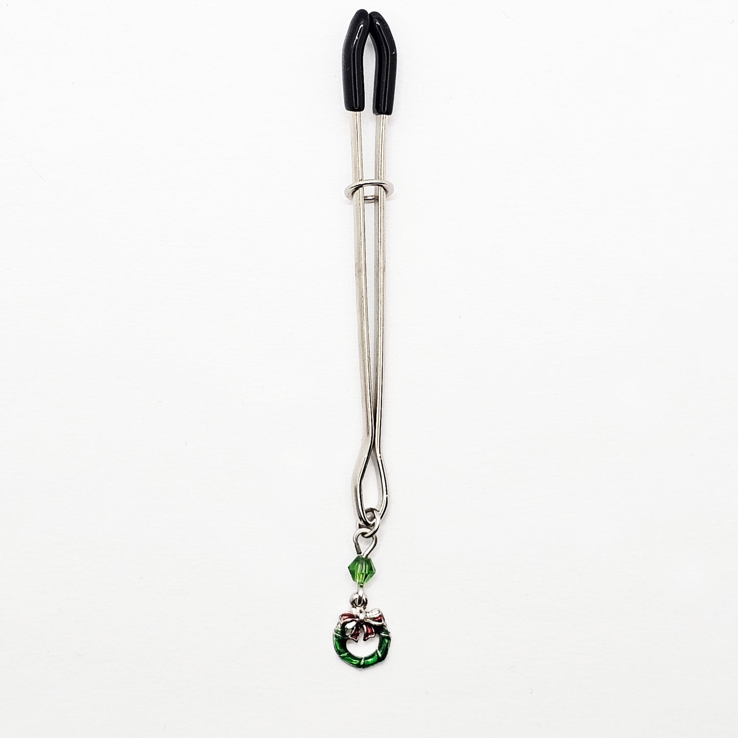 Holiday Clit Clamp Featuring Wreath and Green Chrystal. Tweezer Clitoral Clamp for Enhanced Stimulation.