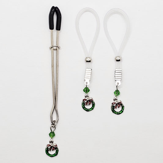 Holiday Clitoral Clamp and Nipple Dangle Set on Non Piercing Nipple Nooses or Clamps, with Wreath and Crystal