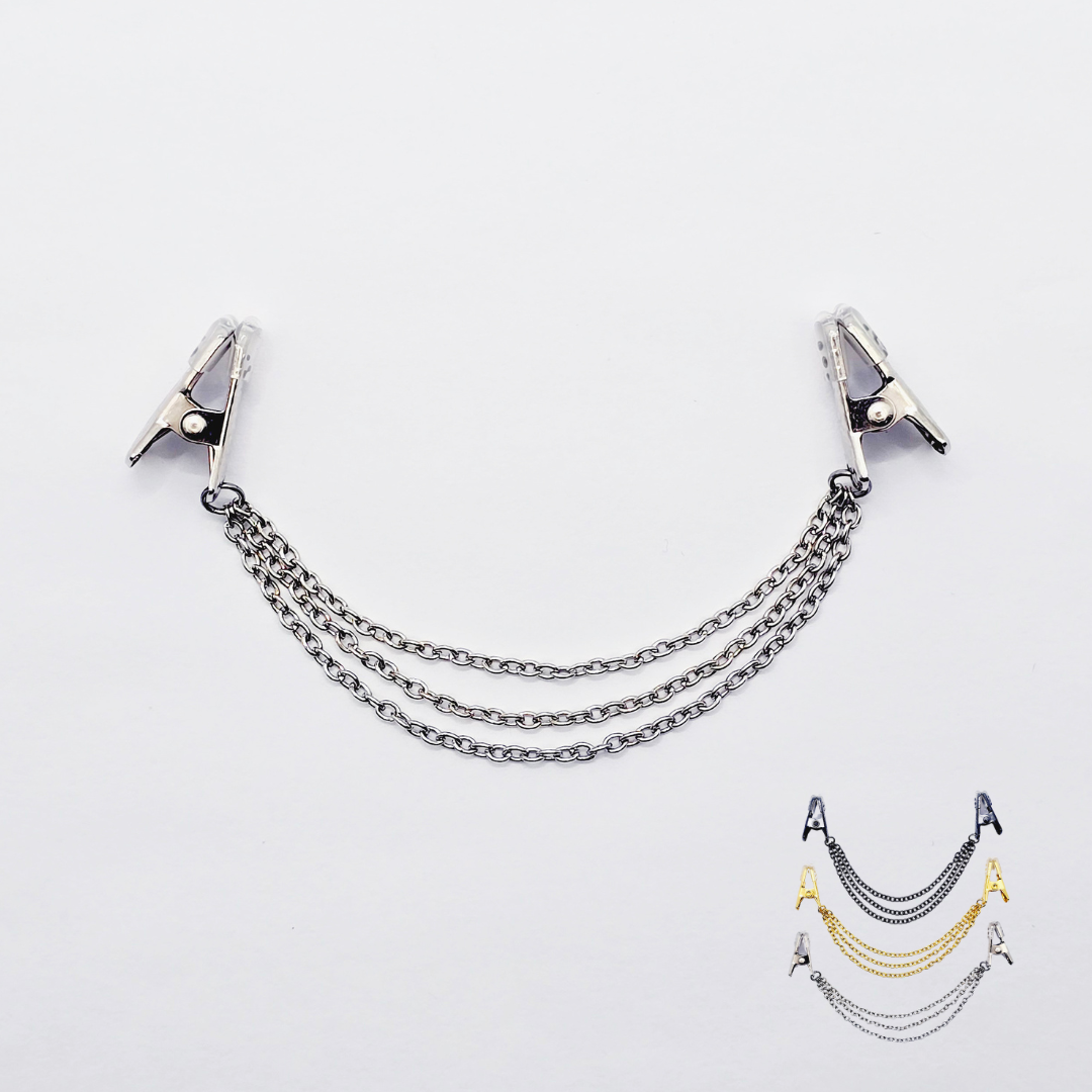 Clit and Labia Clamp Set with Chain Dangle. This Vaginal Jewelry Set Includes 2 Items in Silver, Gold, Or Black