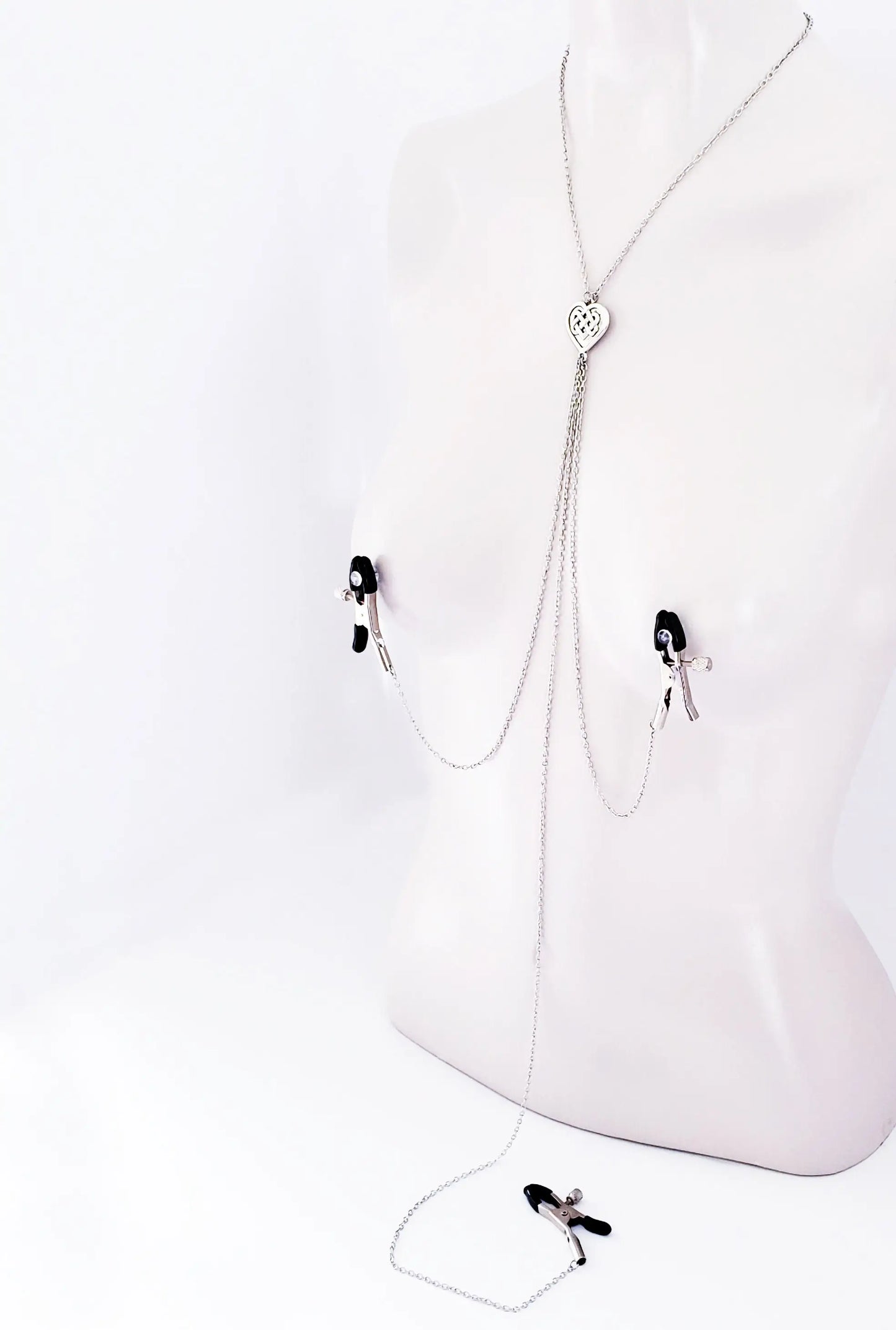 Necklace to Nipple and Clit Clamps with Celtic Knot Heart