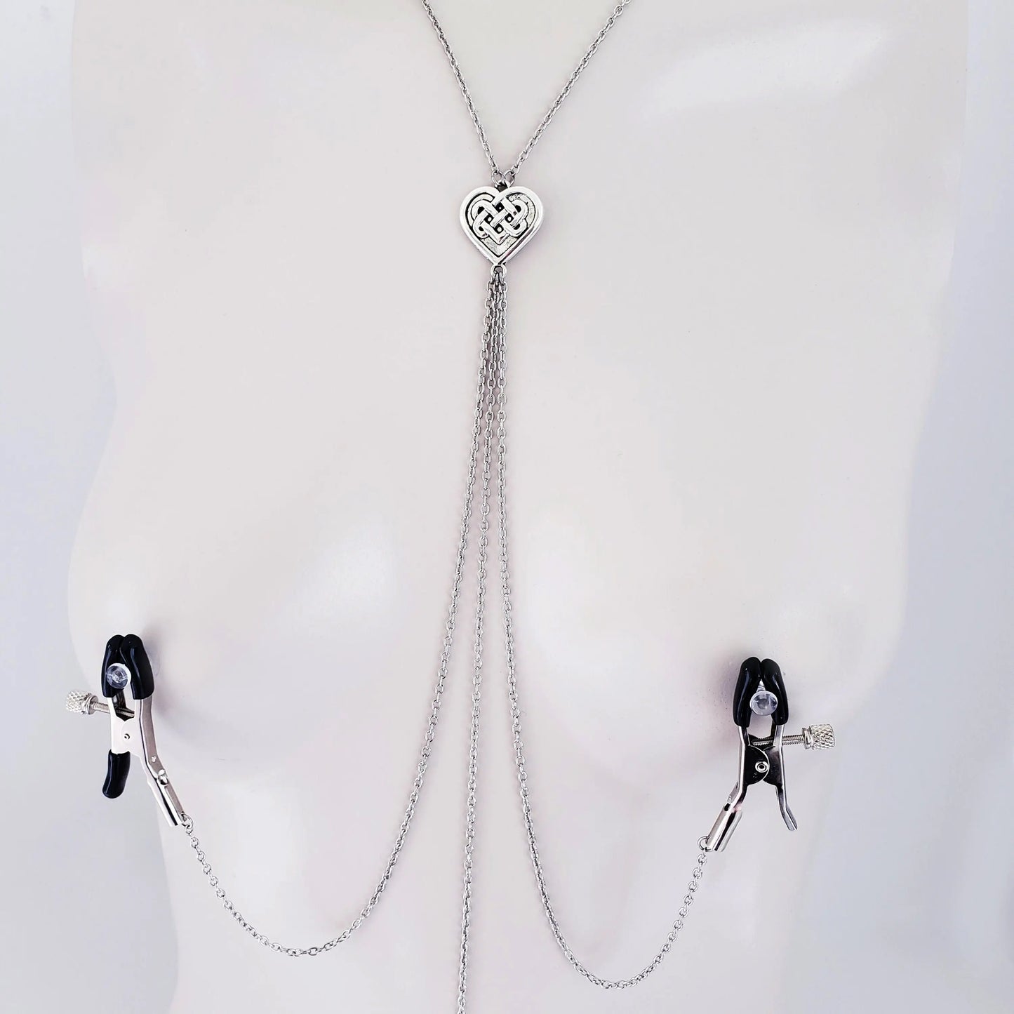 Necklace to Nipple and Clit Clamps with Celtic Knot Heart