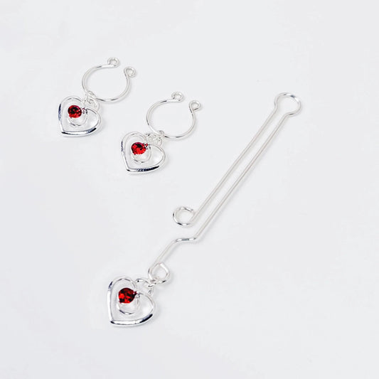 Non Piercing Nipple Rings and Labia Clip Set with Gemstone Hearts. MATURE, BDSM, Intimate Jewelry