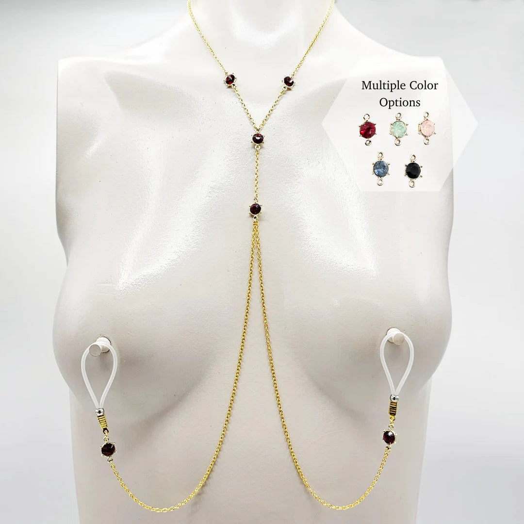 Necklace To Nipple with Gemstones. Choose Non-Piercing Nooses, Nipple Clamps, or use with your Piercings.