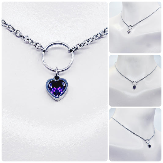 Discreet Day Collar With O Ring and Cubic Zirconia Heart, Stainless Steel. BDSM Submissive Daywear Collar