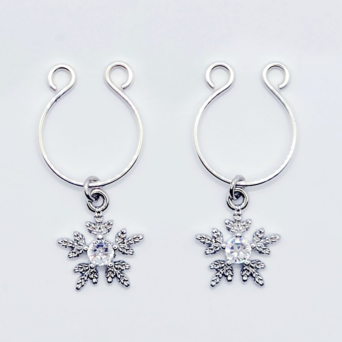 Snowflake Nipple Rings, Non-Piercing. Platinum and CZ Snowflakes.