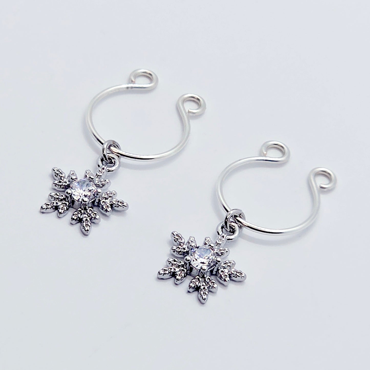 Snowflake Nipple Rings, Non-Piercing. Platinum and CZ Snowflakes.
