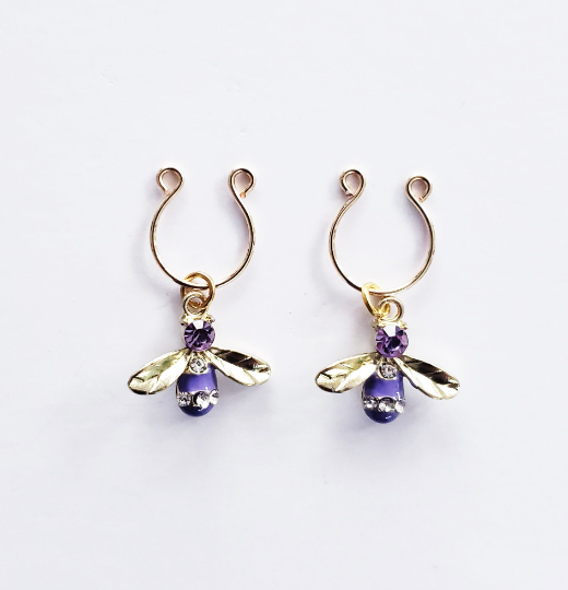 Non Piercing Nipple Rings. Gold With Purple Bees. BDSM, Sex Toy for Women, Fake Piercings