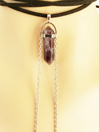 Adjustable Black Leather Crystal Necklace With Attached Nipple Nooses