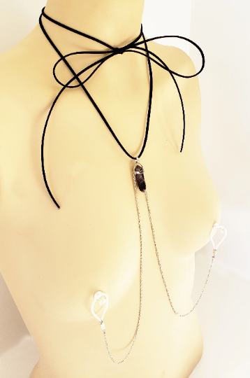 Adjustable Black Leather Crystal Necklace With Attached Nipple Nooses