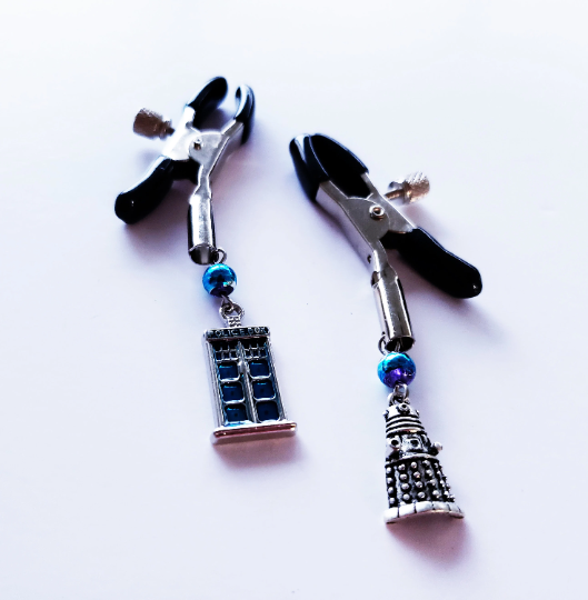 Non Piercing Kinky and Geeky Whovian Nipple Dangles or Nipple Clamps. Mature Listing. BDSM