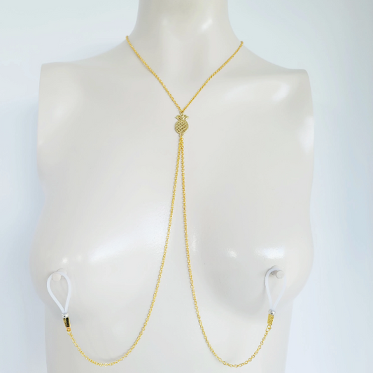 Gold Erotic Pineapple Necklace with Non Piercing Nipple Nooses or Clamps. Alternative Lifestyle, Swingers