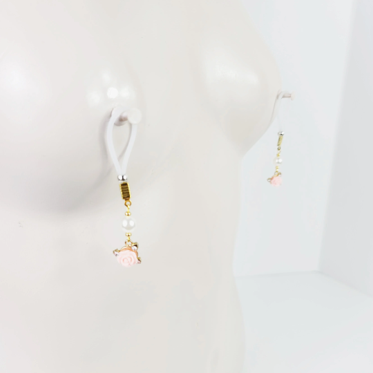 Non Piercing Nipple Dangles or Clamps with Rose and Pearls. Choose Nipple Nooses or Your Choice of Clamps. BDSM