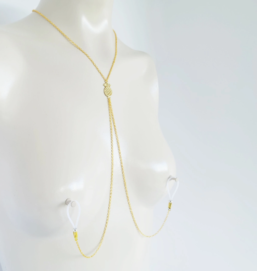 Gold Erotic Pineapple Necklace with Non Piercing Nipple Nooses or Clamps. Alternative Lifestyle, Swingers