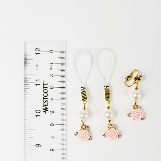 Non Piercing Nipple Dangles or Clamps with Rose and Pearls. Choose Nipple Nooses or Your Choice of Clamps. BDSM