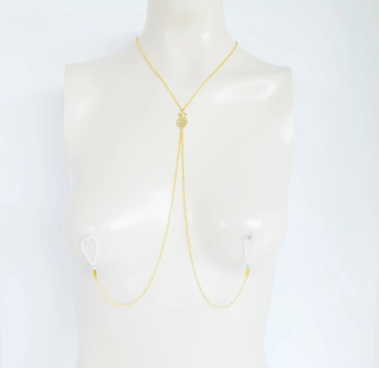 Gold Erotic Pineapple Necklace with Non Piercing Nipple Nooses or Clamps. Alternative Lifestyle, Swingers