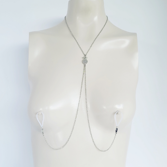 Silver Erotic Pineapple Necklace with Non Piercing Nipple Nooses or Clamps. Alternative Lifestyle, Swingers