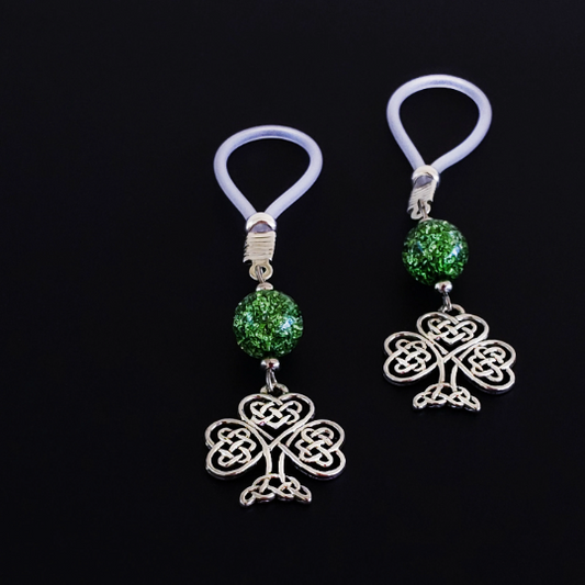 Non Piercing Nipple Dangles with Celtic Shamrocks on Soft Nipple Nooses or Your Choice of Nipple Clamps. BDSM