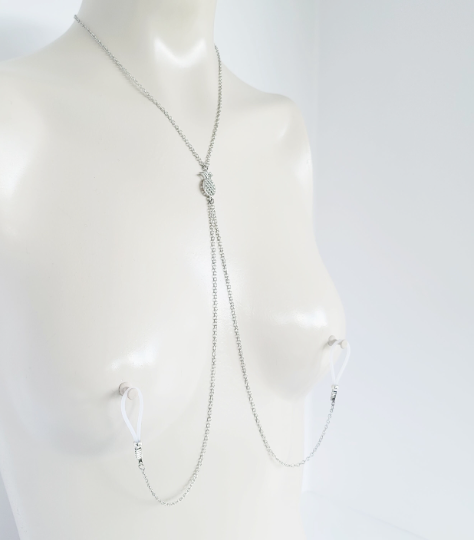 Silver Erotic Pineapple Necklace with Non Piercing Nipple Nooses or Clamps. Alternative Lifestyle, Swingers