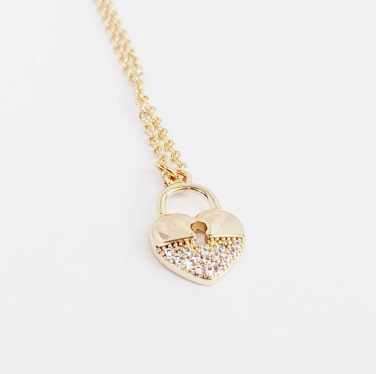 Day Collar with Heart Lock , 18K Gold and Crystal Rhinestones