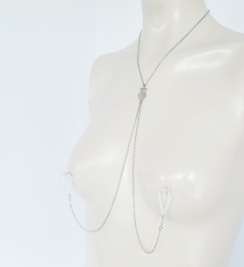 Silver Erotic Pineapple Necklace with Non Piercing Nipple Nooses or Clamps. Alternative Lifestyle, Swingers