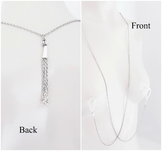 Erotic Silver Backdrop Necklace with Stars and Non Piercing Nipple Nooses or Clamps.