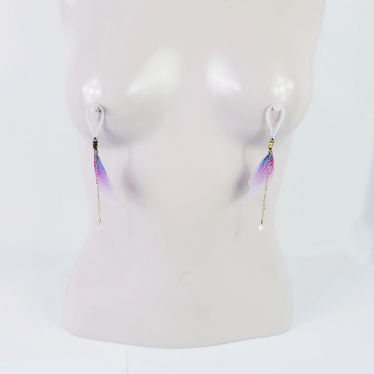 Non Piercing Nipple Dangles With Fabric Wings and Crystal on Nipple Nooses Or Nipple Clamps. BDSM