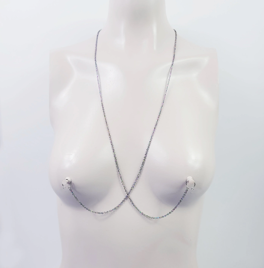 Nipple Chain Necklace, Rainbow Stainless Steel. Non Piercing Nipple Nooses, Rings, or Your Choice of Nipple Clamps. BDSM