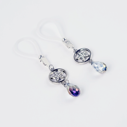 Non Piercing Nipple Dangles With Star and Crystals. Choice Nipple Nooses or Nipple Clamps. BDSM