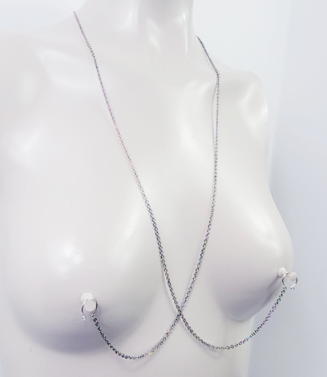 Nipple Chain Necklace, Rainbow Stainless Steel. Non Piercing Nipple Nooses, Rings, or Your Choice of Nipple Clamps. BDSM