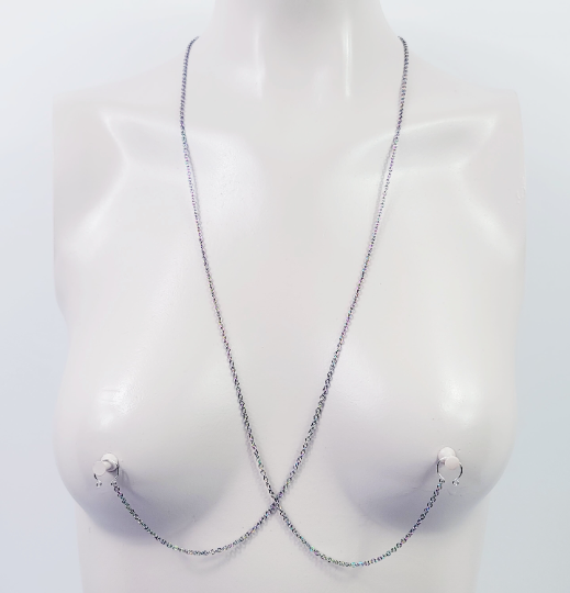 Nipple Chain Necklace, Rainbow Stainless Steel. Non Piercing Nipple Nooses, Rings, or Your Choice of Nipple Clamps. BDSM