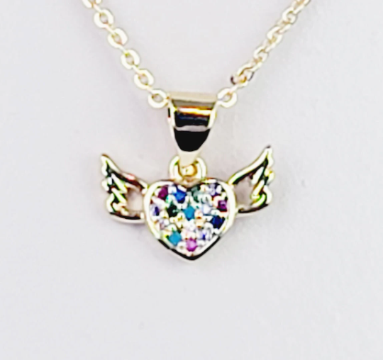 Gold Discreet Day Collar with Gemstone Heart with Wings, 18k Gold. Dainty Discreet Day Collar for BDSM Submissive.