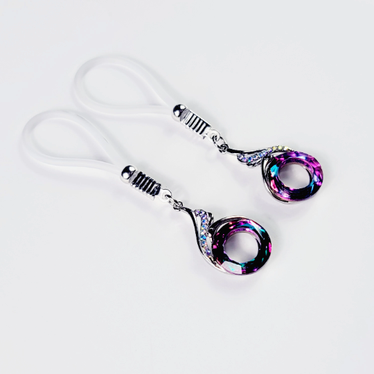 Non Piercing Peacock Nipple Dangles with Non Piercing Nipple Nooses Or Nipple Clamps. BDSM