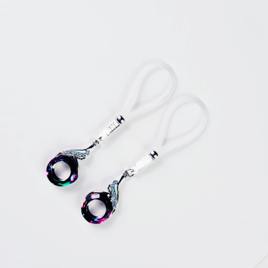 Non Piercing Peacock Nipple Dangles with Non Piercing Nipple Nooses Or Nipple Clamps. BDSM