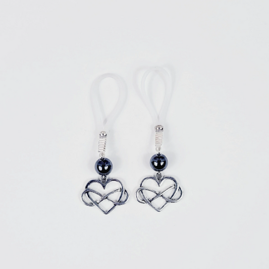 Polyamorous Infinity Heart and Hematite Nipple Dangles. Choose Soft Nooses or Nipple Clamps. BDSM