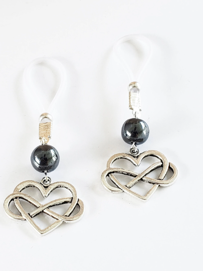 Polyamorous Infinity Heart and Hematite Nipple Dangles. Choose Soft Nooses or Nipple Clamps. BDSM