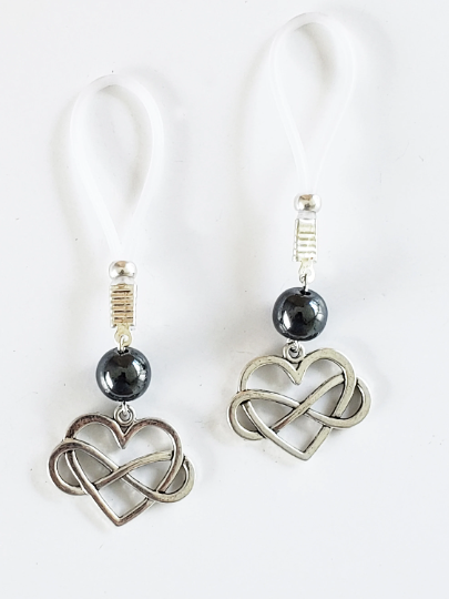 Polyamorous Infinity Heart and Hematite Nipple Dangles. Choose Soft Nooses or Nipple Clamps. BDSM