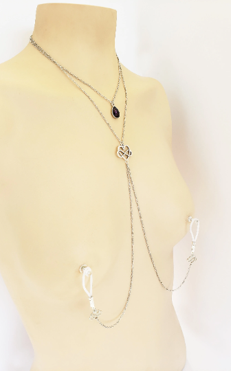 Poly Necklace with attached nipple nooses or feel the sting with nipple clamps. Poly amorous, Infinity Heart Multi Level Necklace