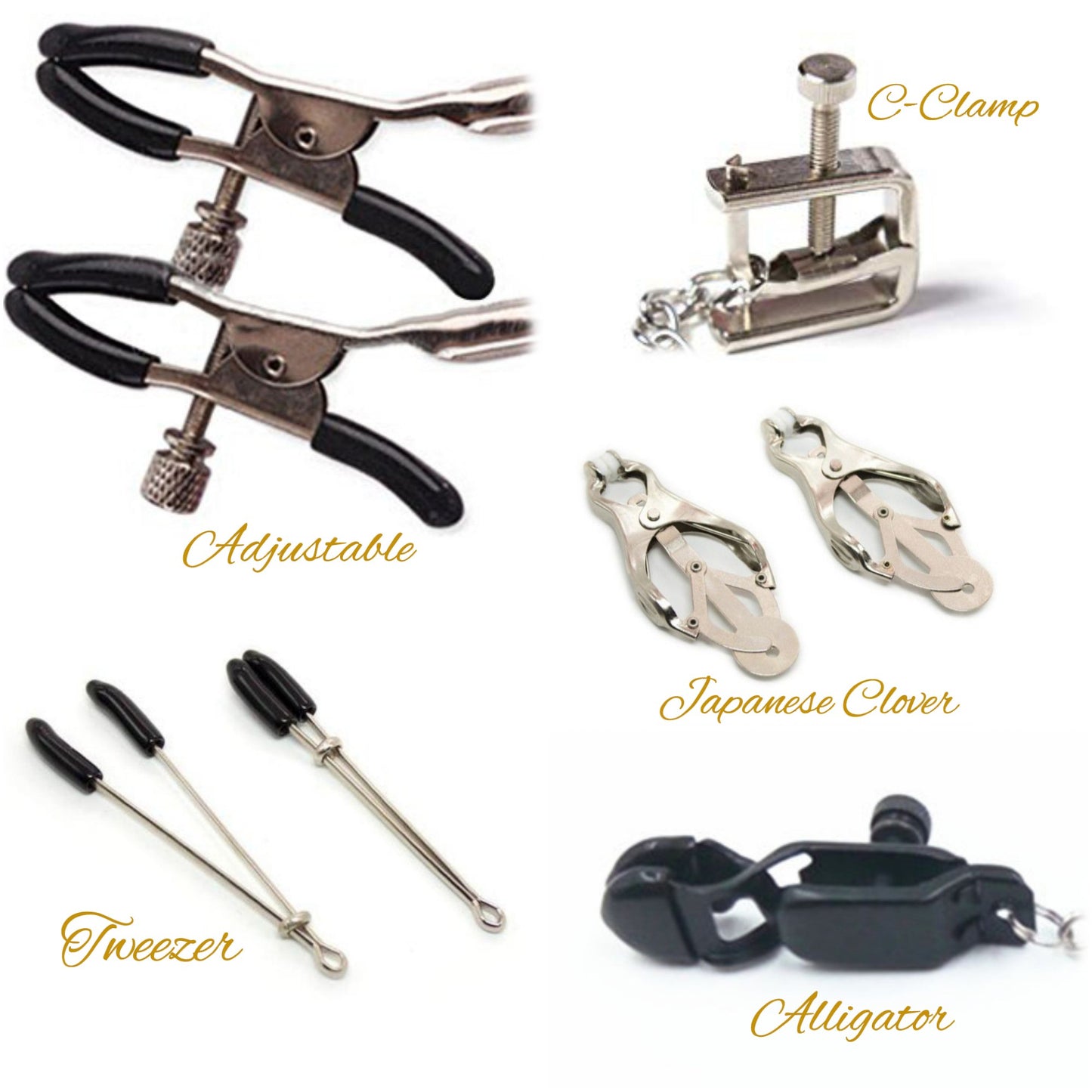 Retro Crystal Nipple Dangles and Gold Tweezer Clitoral Clamp Set