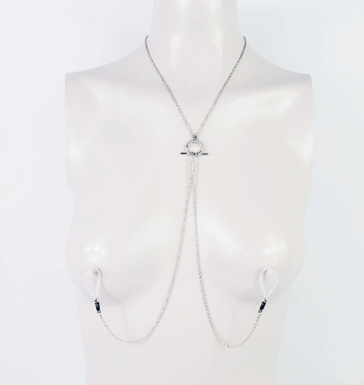 Sparkling Circle of O Necklace with Removable Nipple Chains with Non Piercing Nipple Nooses or Nipple Clamps. BDSM