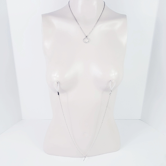 Sparkling Circle of O Necklace with Removable Nipple Chains with Non Piercing Nipple Nooses or Nipple Clamps. BDSM