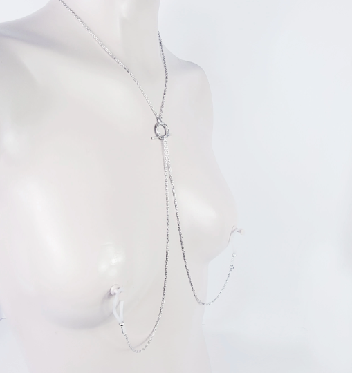 Sparkling Circle of O Necklace with Removable Nipple Chains with Non Piercing Nipple Nooses or Nipple Clamps. BDSM