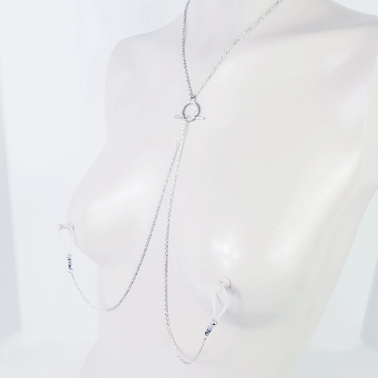 Sparkling Circle of O Necklace with Removable Nipple Chains with Non Piercing Nipple Nooses or Nipple Clamps. BDSM