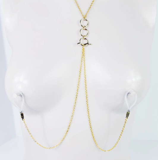 Tri Circle Necklace in Gold with Removeable Nipple Chains on Nipple Nooses or Your Choice of Nipple Clamps. BDSM